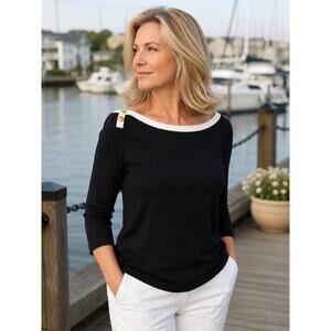 Lauren Ralph Lauren LRL Boatneck Top Gold Button Nautical Coastal Grandma XL